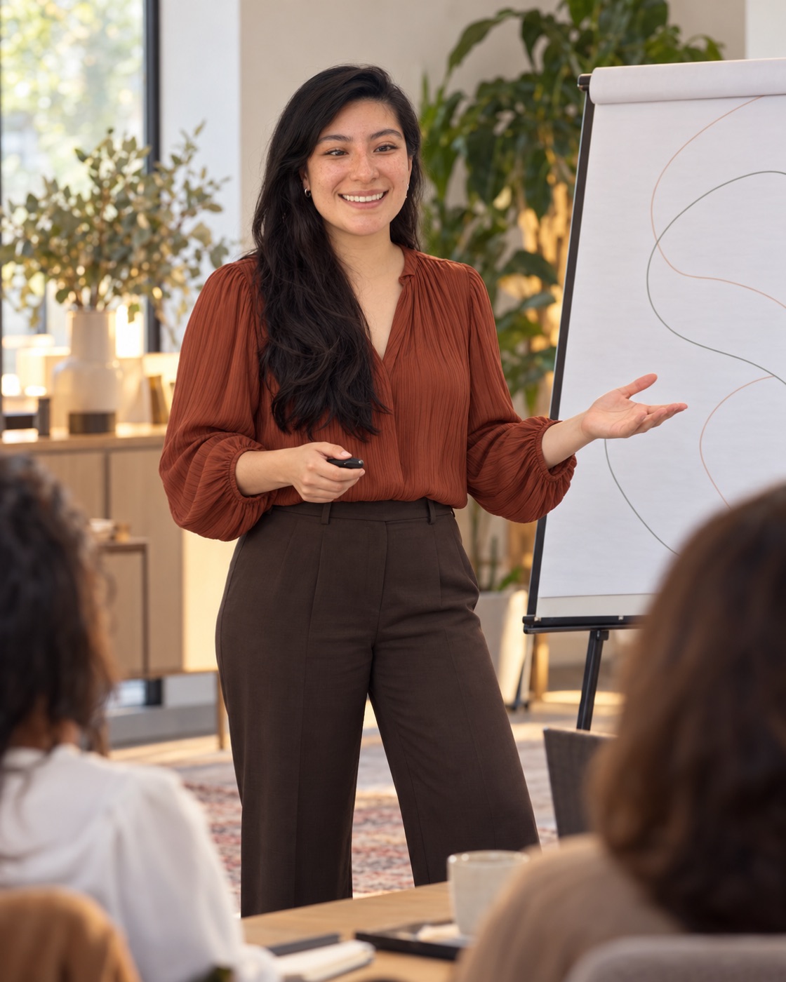 Ceci Morales facilitando un taller de comunicación con un equipo